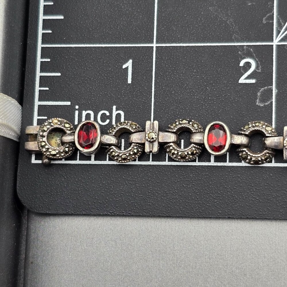 VTG Sterling Silver Garnet & Marcasite Link Bracelet 7.5" RF Hallmark Box Clasp - Picture 13 of 14